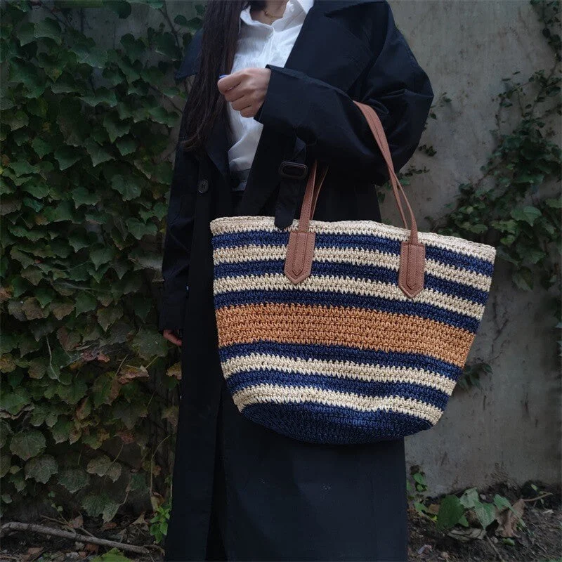 Striped Shoulder Straw Bag Casual Handmade Beach Vacation Bag