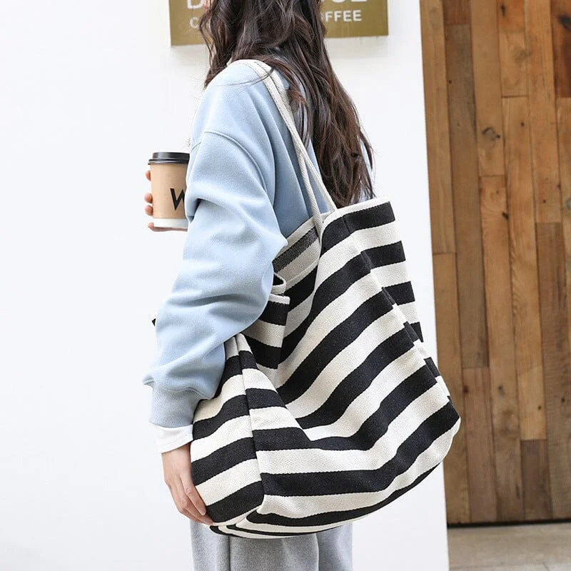 Women Fashion Stripe Casual Canvas Shoulder Bag