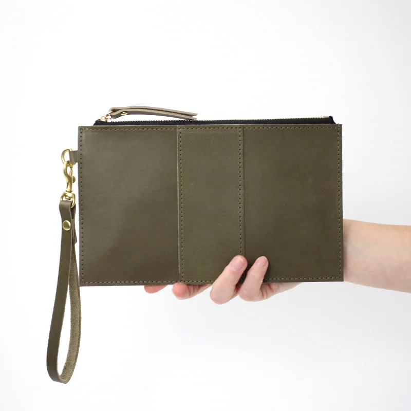 Monogrammed Leather Clutch Wristlet - Olive Green