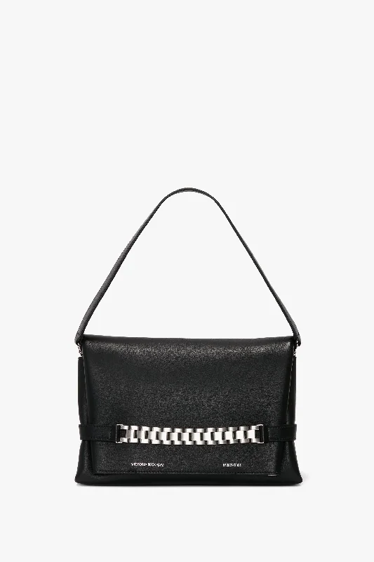 Chain Pouch Bag with Brushed Silver Chain In Black Leather