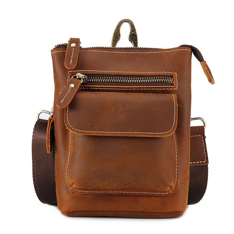 Cool Dark Brown Leather Mens Belt Pouch Mini Shoulder Bags Belt Bags For Men