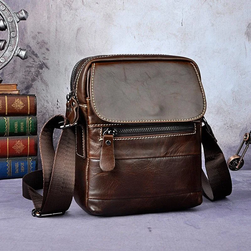 Cool Small Coffee Leather Mens Side Bag Messenger Bag Shoulder Bag for Men