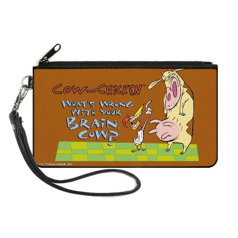 Canvas Zipper Wallet - LARGE - COW AND CHICKEN WHAT'S WRONG WITH YOUR BRAIN Pose Brown