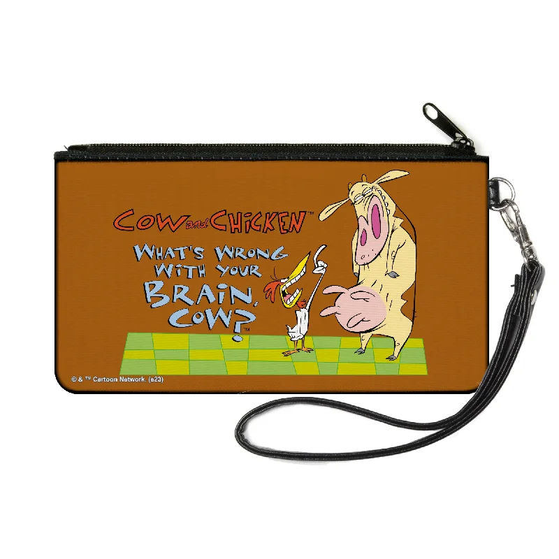 Canvas Zipper Wallet - SMALL - COW AND CHICKEN WHAT'S WRONG WITH YOUR BRAIN Pose Brown