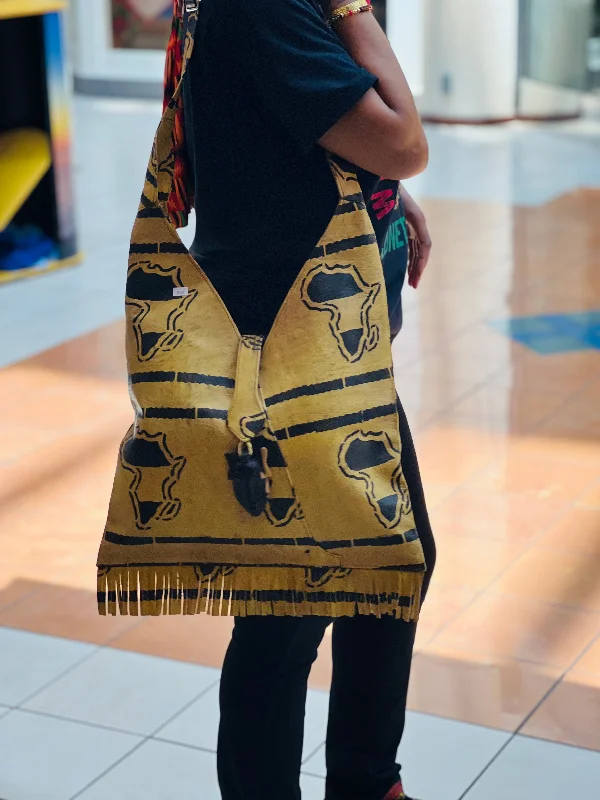 Handmade Real Leather Cross Bag with Africa Map Print - Adjustable Strap & Ebony Mask Charm