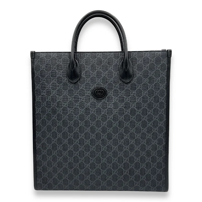 Interlocking G Tote Bag Medium Black in Monogram Coated Canvas, Silver hardware