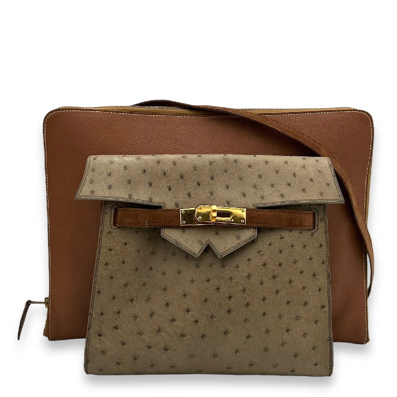 Sac New Amsterdam Brown in Ostrich and Epsom, Gold hardware